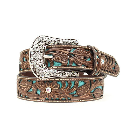 Ariat Women'sTooled Leather Belt With Turquoise Inlay