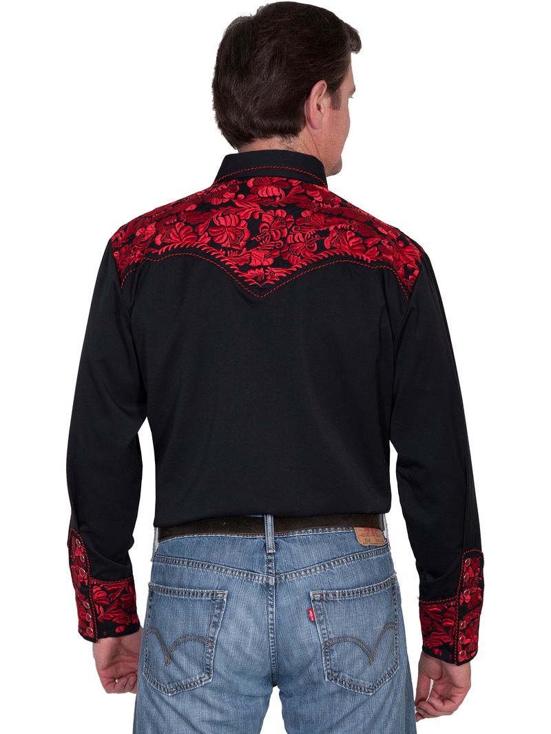 Scully Men's Floral Tooled Western Shirt (P-634) - Crimson