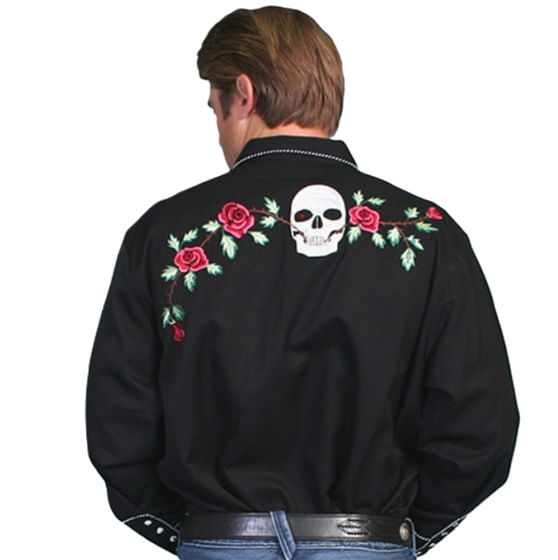 Scully Men's Long Sleeve Western Skull & Rose Shirt (P-771) - Black