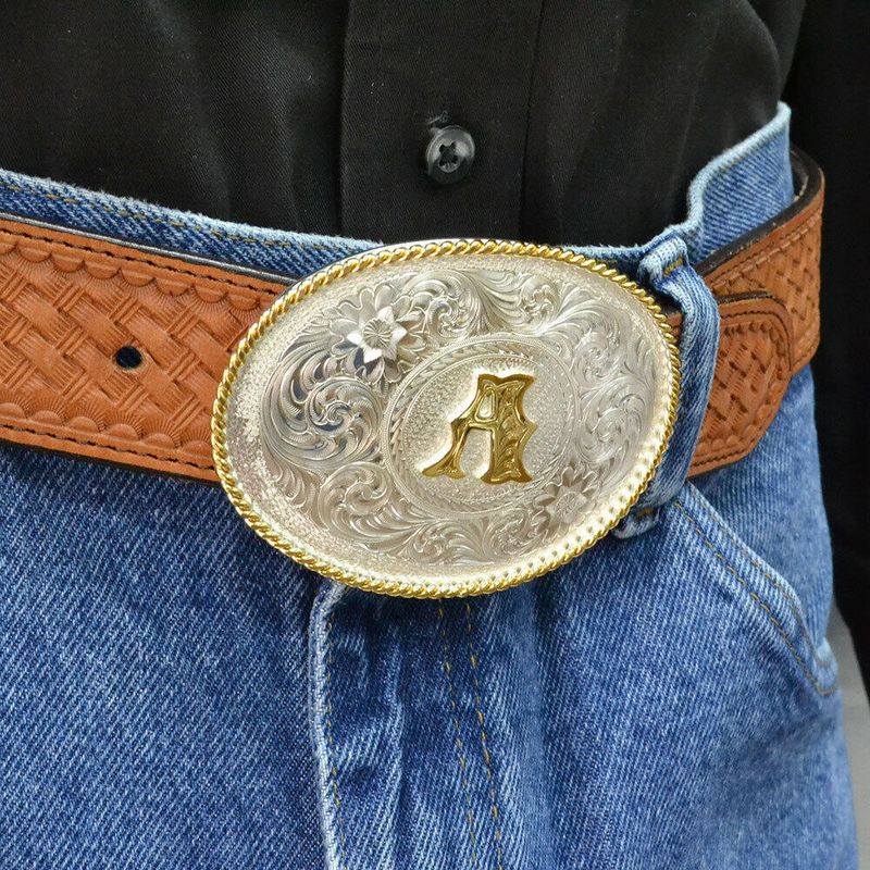  Montana Silversmiths Initial A Silver Engraved Gold Trim Western Belt Buckle (700A)