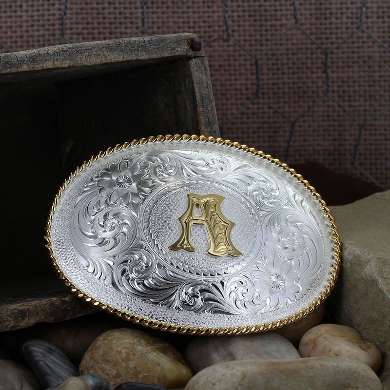  Montana Silversmiths Initial A Silver Engraved Gold Trim Western Belt Buckle (700A)