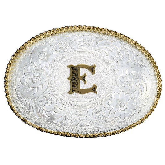  Montana Silversmiths Initial E Silver Engraved Gold Trim Western Belt Buckle (700E)
