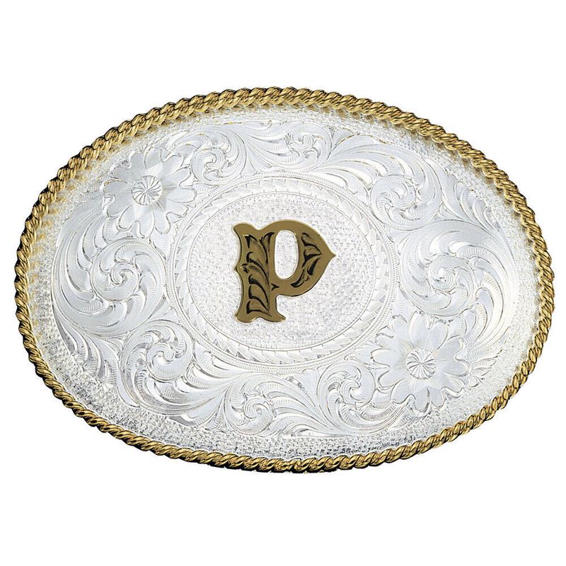  Montana Silversmiths Initial P Silver Engraved Gold Trim Western Belt Buckle (700P)