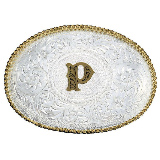  Montana Silversmiths Initial P Silver Engraved Gold Trim Western Belt Buckle (700P)