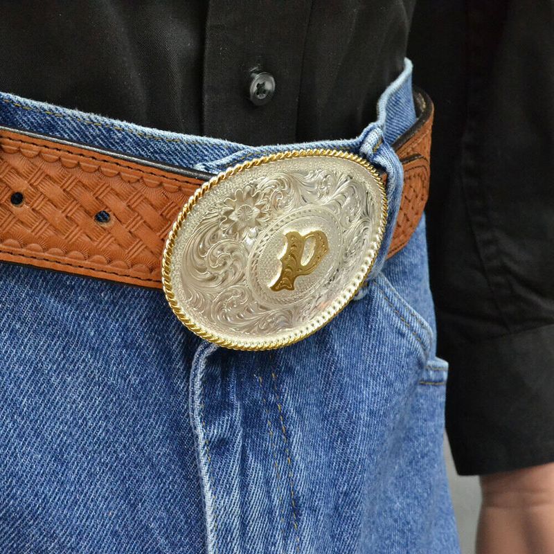  Montana Silversmiths Initial P Silver Engraved Gold Trim Western Belt Buckle (700P)