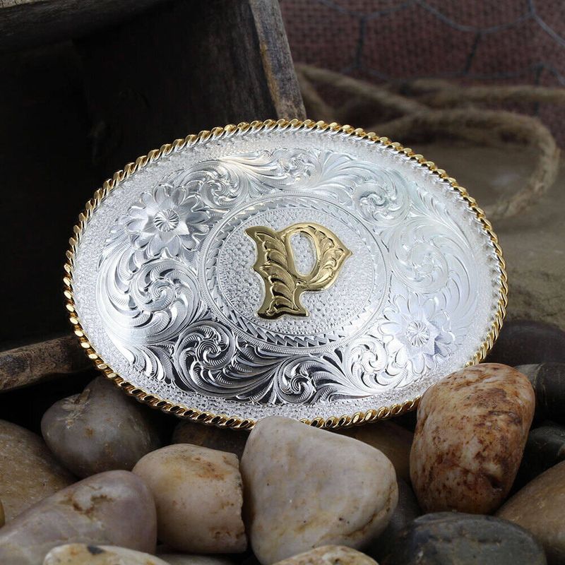  Montana Silversmiths Initial P Silver Engraved Gold Trim Western Belt Buckle (700P)