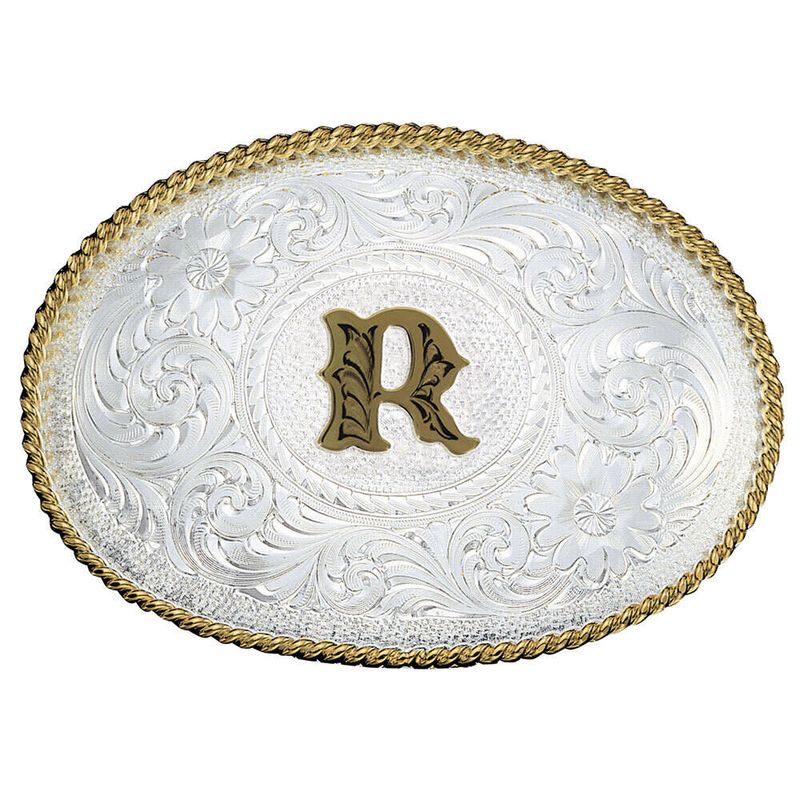  Montana Silversmiths Initial R Silver Engraved Gold Trim Western Belt Buckle (700R)