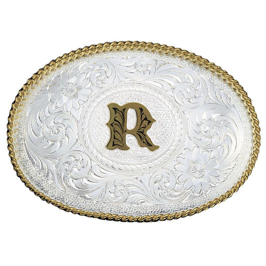  Montana Silversmiths Initial R Silver Engraved Gold Trim Western Belt Buckle (700R)