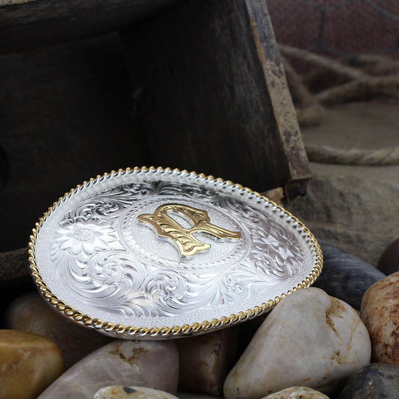  Montana Silversmiths Initial R Silver Engraved Gold Trim Western Belt Buckle (700R)