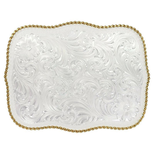  Montana Silversmiths Large Scalloped Silver Engraved Western Belt Buckle (860)