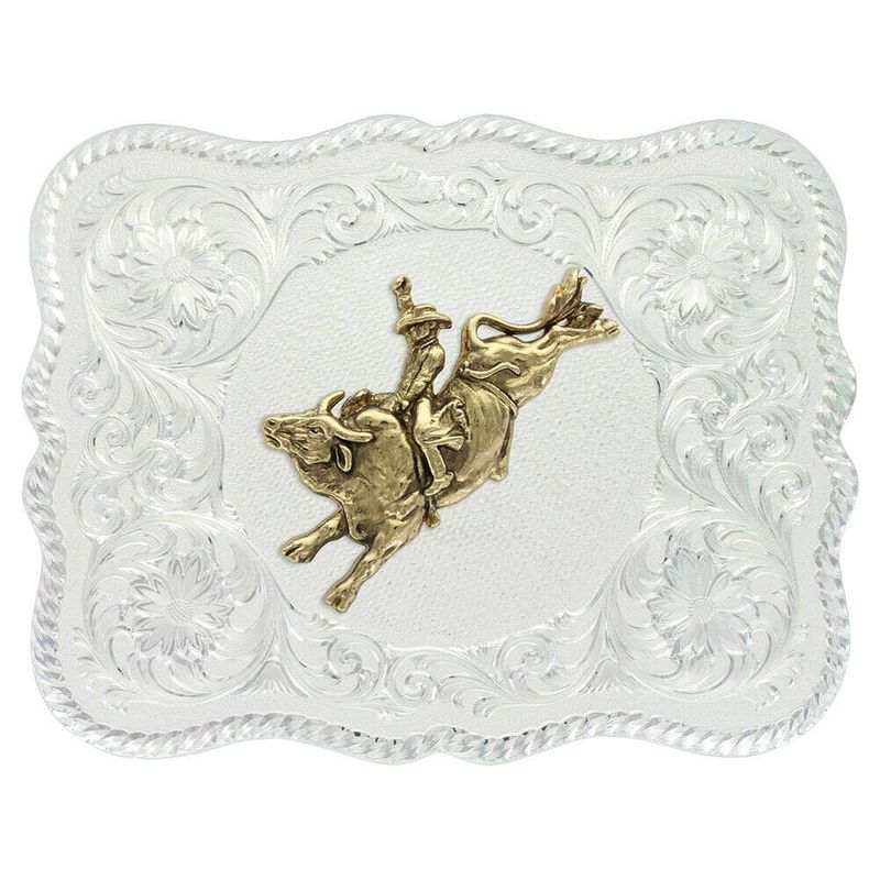  Montana Silversmiths Scalloped Silver Western Belt Buckle With Bull Rider (61669-528)