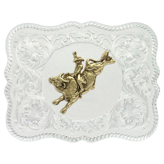  Montana Silversmiths Scalloped Silver Western Belt Buckle With Bull Rider (61669-528)