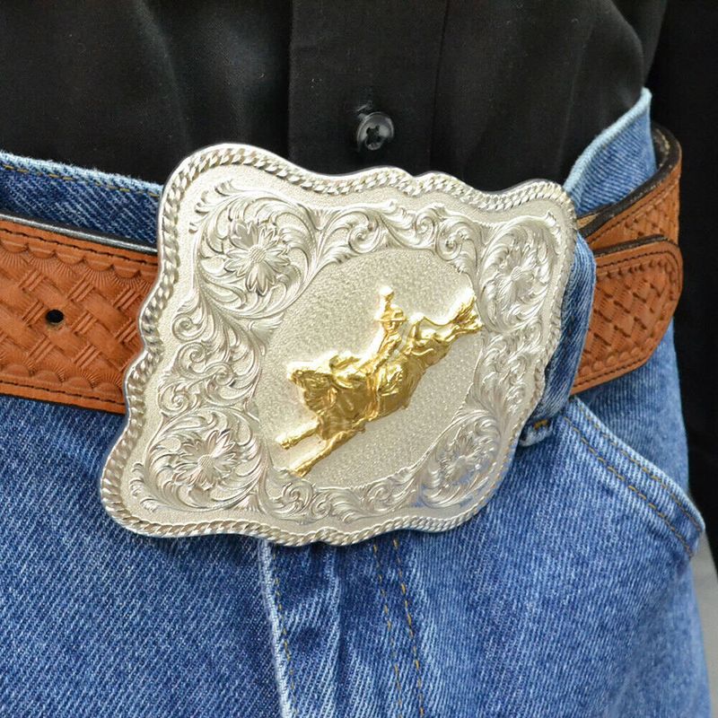  Montana Silversmiths Scalloped Silver Western Belt Buckle With Bull Rider (61669-528)