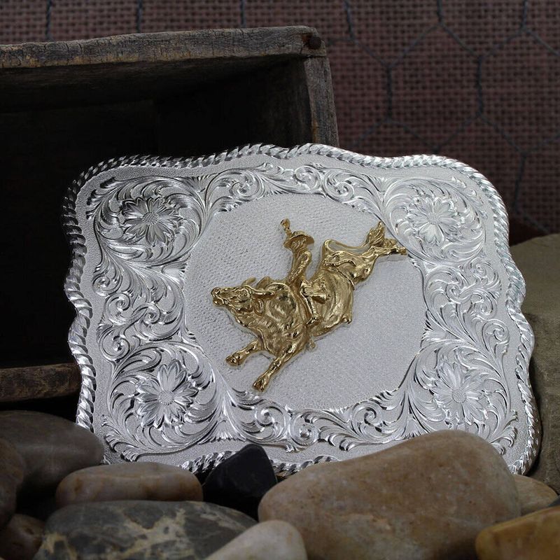  Montana Silversmiths Scalloped Silver Western Belt Buckle With Bull Rider (61669-528)