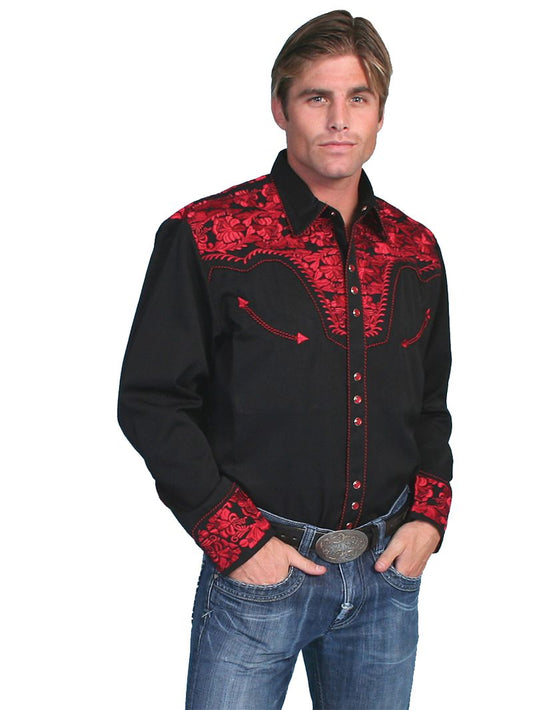  Scully Men's Floral Tooled Western Shirt (P-634) - Crimson