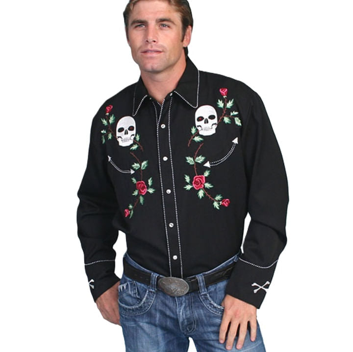  Scully Men's Long Sleeve Western Skull & Rose Shirt (P-771) - Black